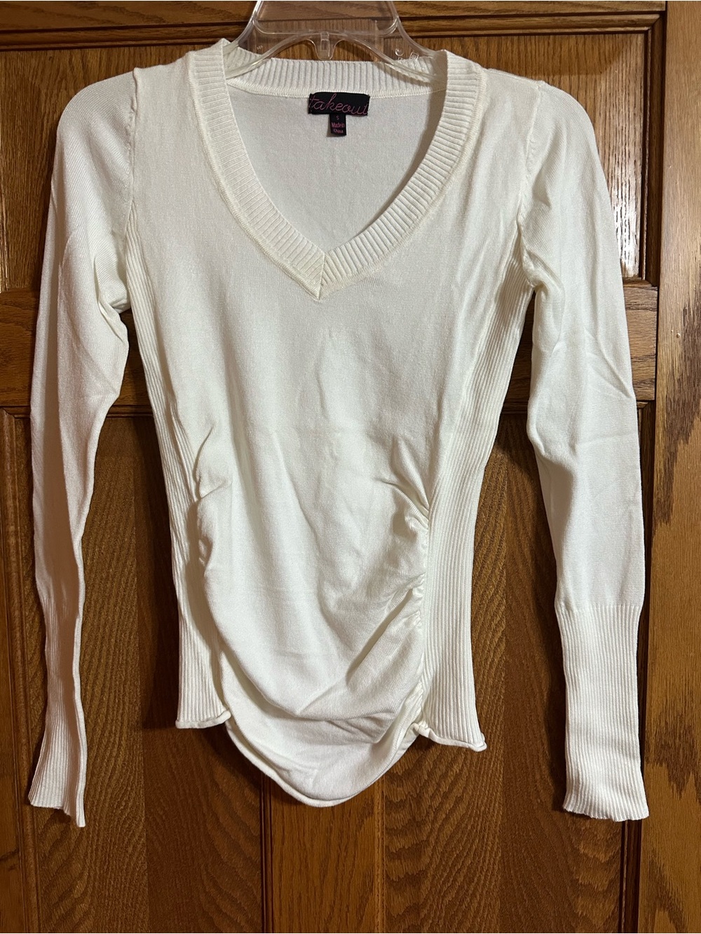 Takeout Cream V-Neck Long Sleeve Ruched Side Knit Top